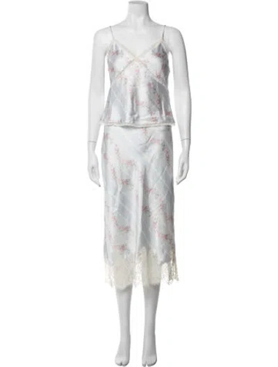Pre-owned Loveshackfancy Floral Print Lace Trim Embellishment Lounge Set In White