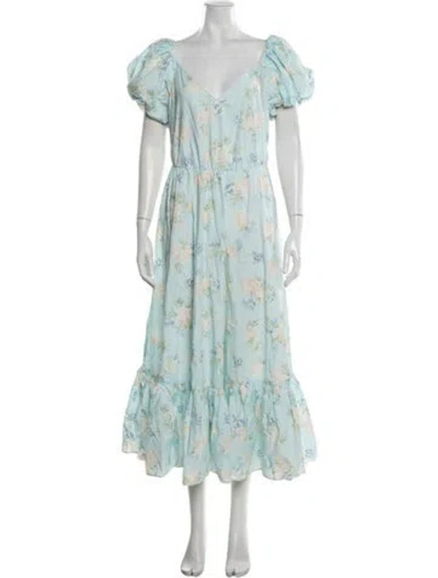 Pre-owned Loveshackfancy Floral Print Long Dress In Blue