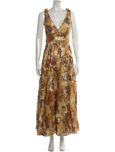 Pre-owned Loveshackfancy Floral Print Long Dress In Gold