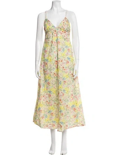 Pre-owned Loveshackfancy Floral Print Long Dress In Green/yellow