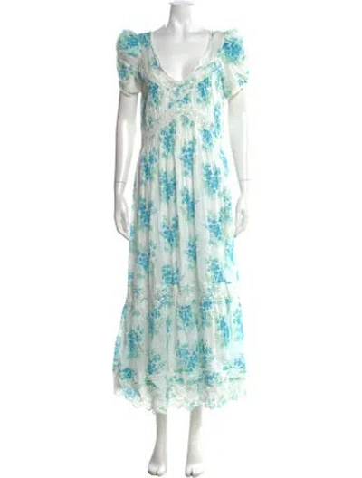Pre-owned Loveshackfancy Floral Print Long Dress In White