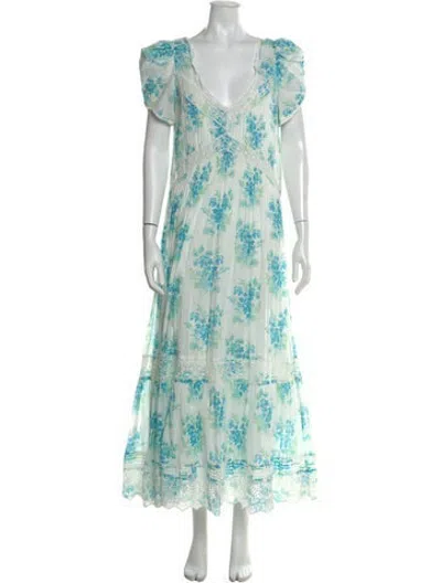 Pre-owned Loveshackfancy Floral Print Long Dress In White