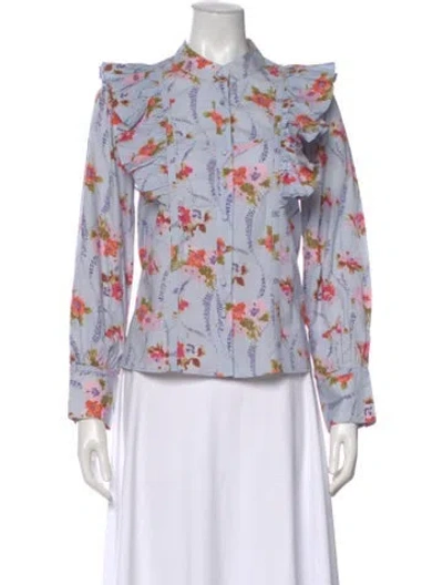 Pre-owned Loveshackfancy Floral Print Long Sleeve Blouse In Blue