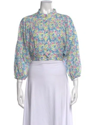 Pre-owned Loveshackfancy Floral Print Long Sleeve Blouse In Blue