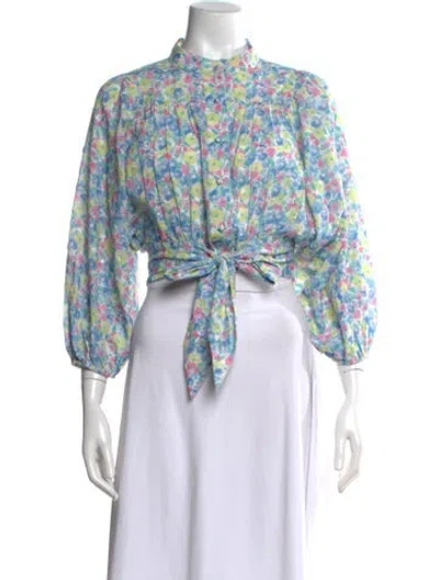 Pre-owned Loveshackfancy Floral Print Long Sleeve Blouse In Blue/pink