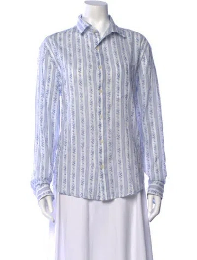 Pre-owned Loveshackfancy Floral Print Long Sleeve Blouse In Blue/white