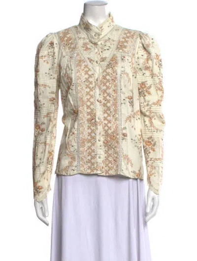 Pre-owned Loveshackfancy Floral Print Long Sleeve Blouse In Brown/neutrals