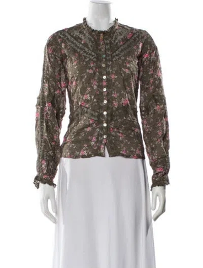 Pre-owned Loveshackfancy Floral Print Long Sleeve Blouse In Green
