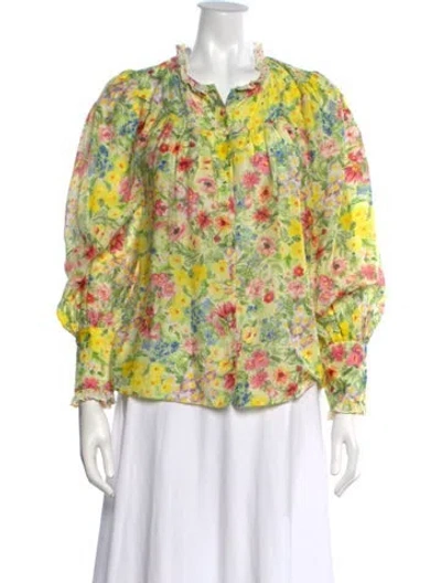 Pre-owned Loveshackfancy Floral Print Long Sleeve Blouse In Green