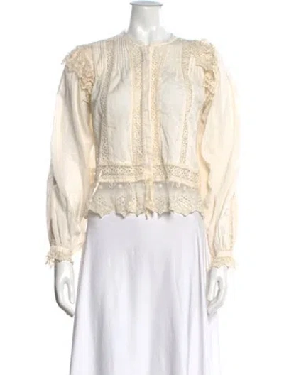 Pre-owned Loveshackfancy Floral Print Long Sleeve Blouse In Neutrals