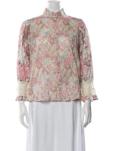 Pre-owned Loveshackfancy Floral Print Long Sleeve Blouse In Neutrals/pink