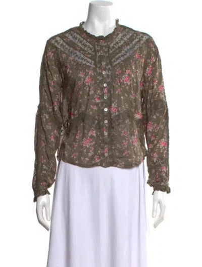 Pre-owned Loveshackfancy Floral Print Long Sleeve Blouse W/ Tags In Green