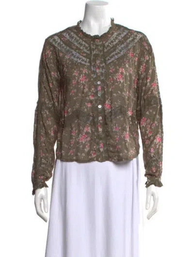Pre-owned Loveshackfancy Floral Print Long Sleeve Blouse W/ Tags In Green