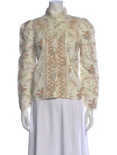 Pre-owned Loveshackfancy Floral Print Long Sleeve Blouse In White