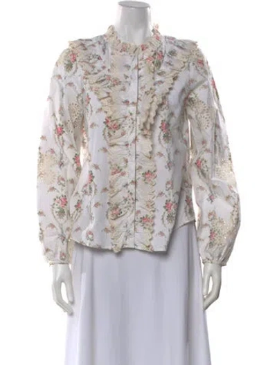 Pre-owned Loveshackfancy Floral Print Long Sleeve Blouse In White