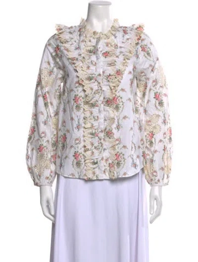 Pre-owned Loveshackfancy Floral Print Long Sleeve Blouse In White