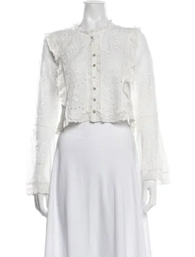 Pre-owned Loveshackfancy Floral Print Long Sleeve Blouse In White