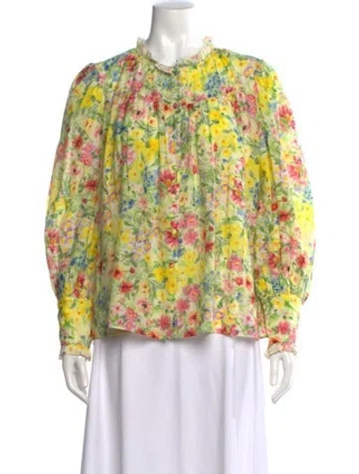 Pre-owned Loveshackfancy Floral Print Long Sleeve Blouse In Yellow