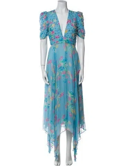 Pre-owned Loveshackfancy Floral Print Midi Length Dress In Blue