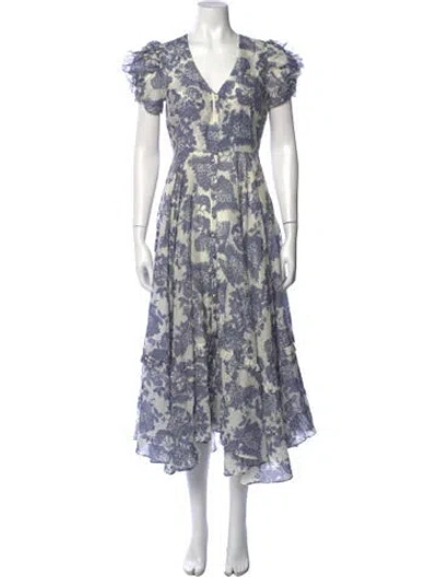 Pre-owned Loveshackfancy Floral Print Midi Length Dress In Blue/white