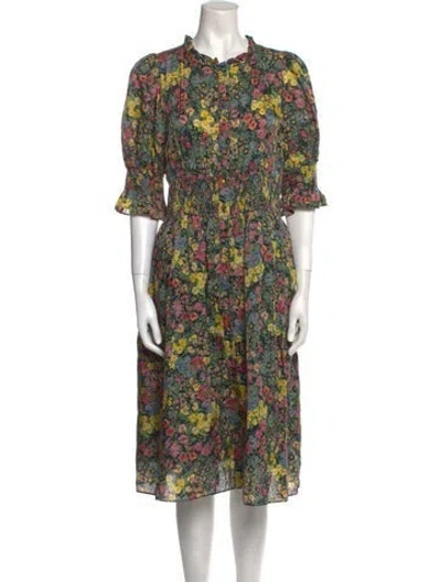 Pre-owned Loveshackfancy Floral Print Midi Length Dress In Green