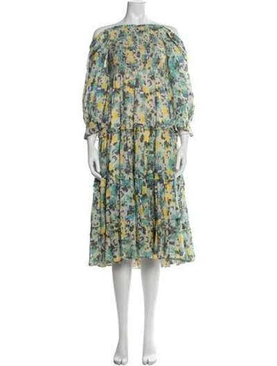 Pre-owned Loveshackfancy Floral Print Midi Length Dress In Green/neutrals