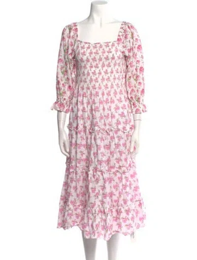 Pre-owned Loveshackfancy Floral Print Midi Length Dress In Neutral