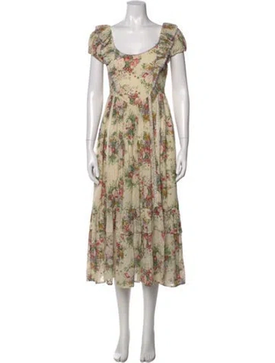 Pre-owned Loveshackfancy Floral Print Midi Length Dress In Neutral