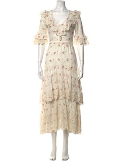 Pre-owned Loveshackfancy Floral Print Midi Length Dress In Neutrals