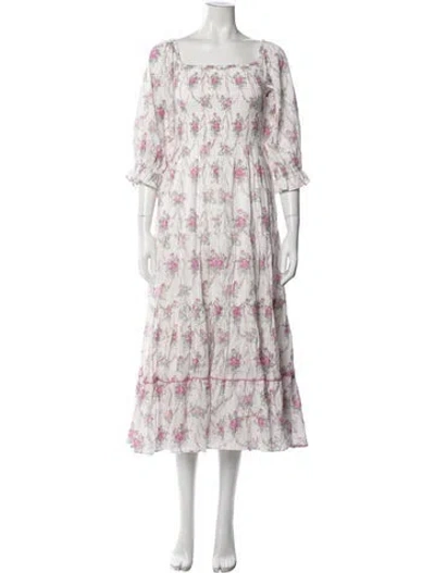 Pre-owned Loveshackfancy Floral Print Midi Length Dress W/ Tags In White