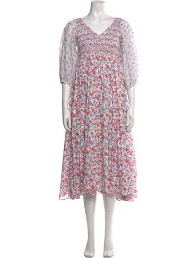 Pre-owned Loveshackfancy Floral Print Midi Length Dress In White