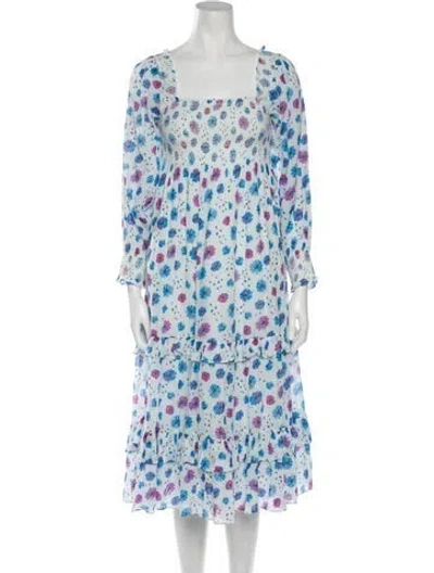 Pre-owned Loveshackfancy Floral Print Midi Length Dress In White