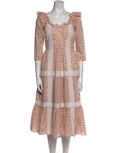 Pre-owned Loveshackfancy Floral Print Midi Length Dress In White