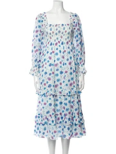 Pre-owned Loveshackfancy Floral Print Midi Length Dress In White
