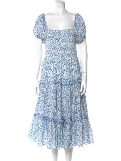 Pre-owned Loveshackfancy Floral Print Midi Length Dress In White