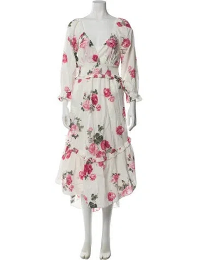 Pre-owned Loveshackfancy Floral Print Midi Length Dress In White