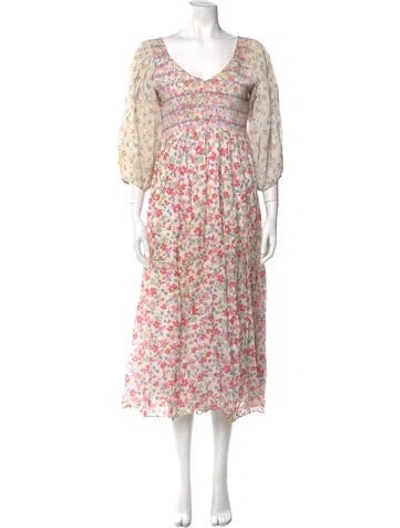 Pre-owned Loveshackfancy Floral Print Midi Length Dress In White