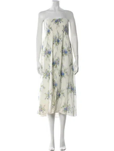 Pre-owned Loveshackfancy Floral Print Midi Length Dress In White