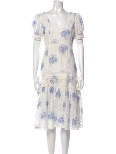 Pre-owned Loveshackfancy Floral Print Midi Length Dress In White