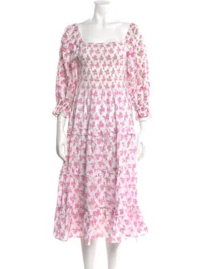 Pre-owned Loveshackfancy Floral Print Midi Length Dress In White