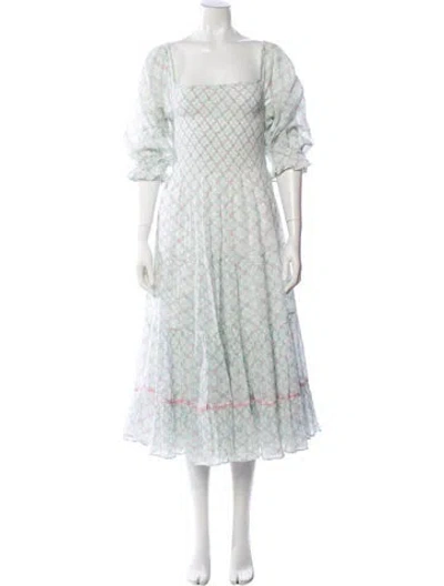 Pre-owned Loveshackfancy Floral Print Midi Length Dress In White