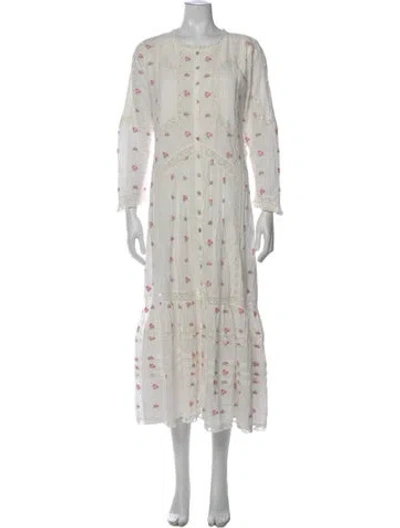 Pre-owned Loveshackfancy Floral Print Midi Length Dress In White