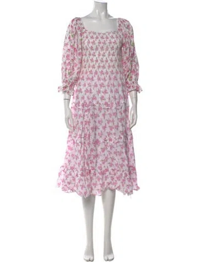 Pre-owned Loveshackfancy Floral Print Midi Length Dress In White