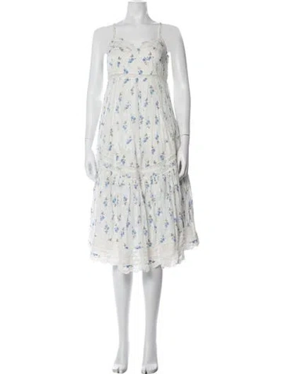 Pre-owned Loveshackfancy Floral Print Midi Length Dress In White
