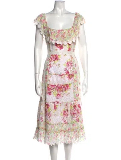 Pre-owned Loveshackfancy Floral Print Midi Length Dress In White