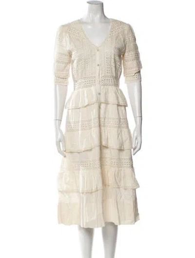 Pre-owned Loveshackfancy Floral Print Midi Length Dress In White