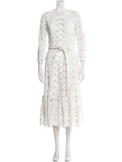 Pre-owned Loveshackfancy Floral Print Midi Length Dress In White