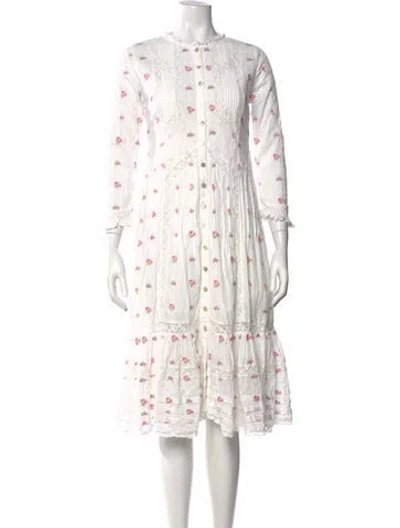 Pre-owned Loveshackfancy Floral Print Midi Length Dress In White