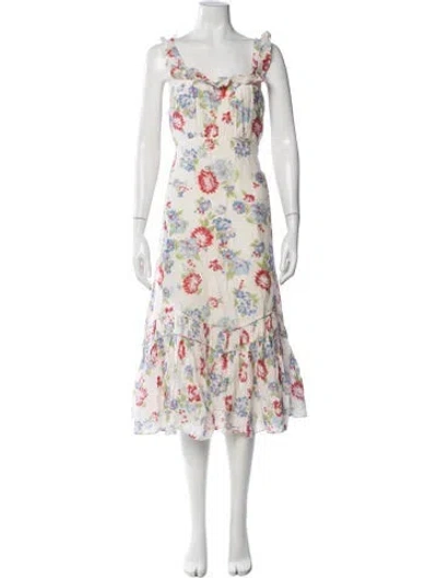 Pre-owned Loveshackfancy Floral Print Midi Length Dress In White