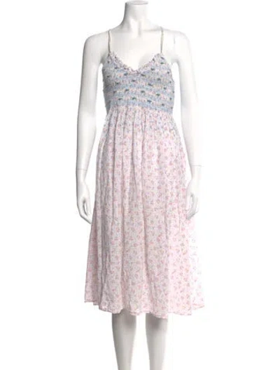 Pre-owned Loveshackfancy Floral Print Midi Length Dress In White